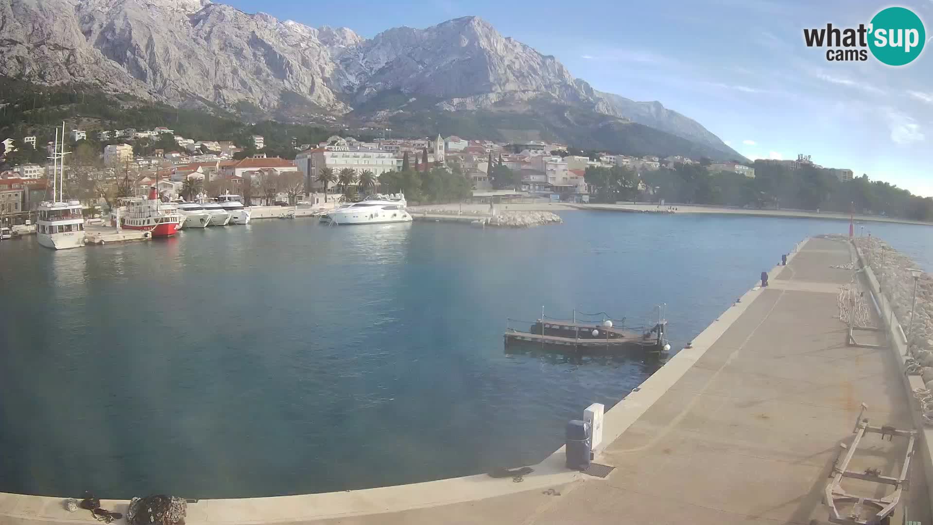 Webcam Basca Voda –  Vista desde el puerto deportivo de la ciudad y la montaña Biokovo