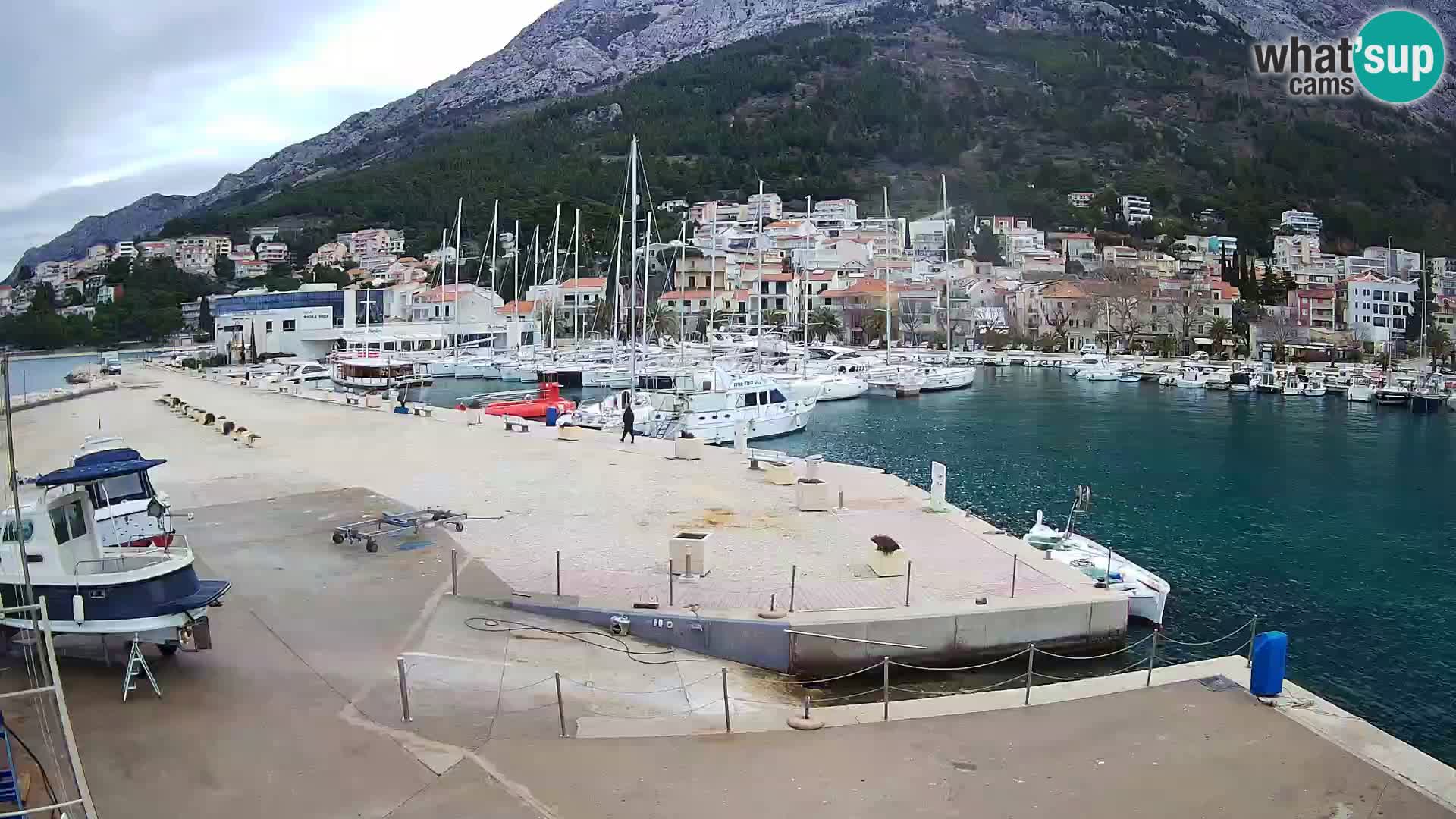 Webcam Basca Voda –  Vista desde el puerto deportivo de la ciudad y la montaña Biokovo