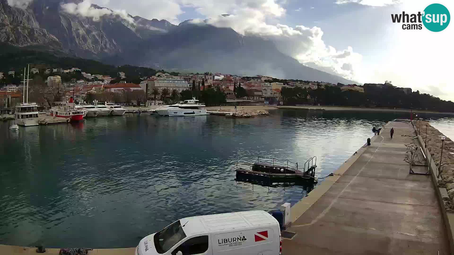 Webcam Basca Voda –  Vista desde el puerto deportivo de la ciudad y la montaña Biokovo