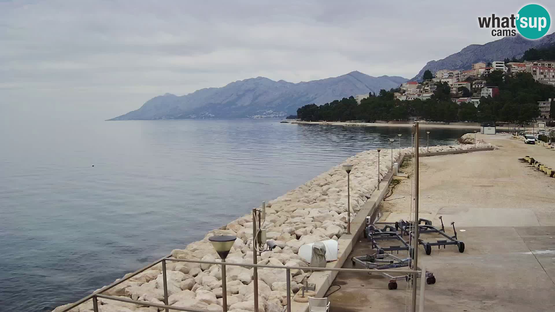 Webcam Basca Voda –  Vista desde el puerto deportivo de la ciudad y la montaña Biokovo