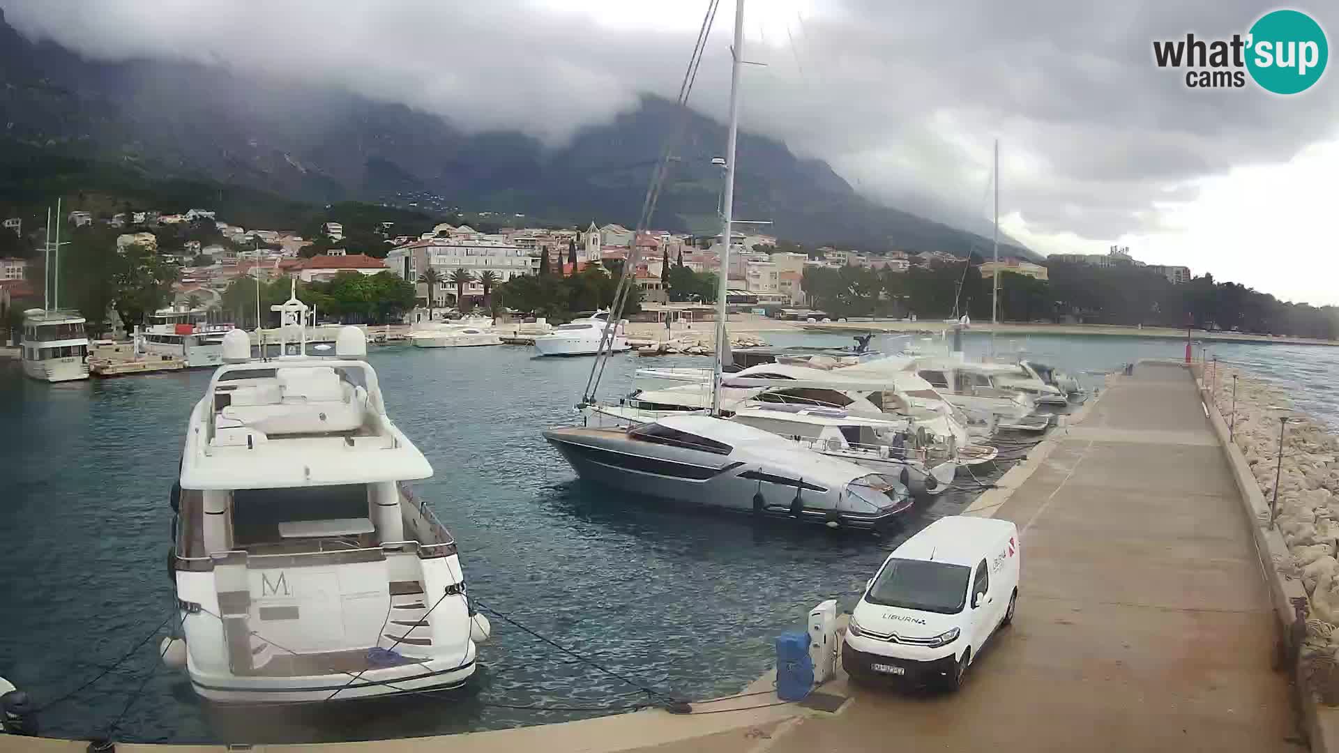 Webcam Basca Voda –  Vista desde el puerto deportivo de la ciudad y la montaña Biokovo