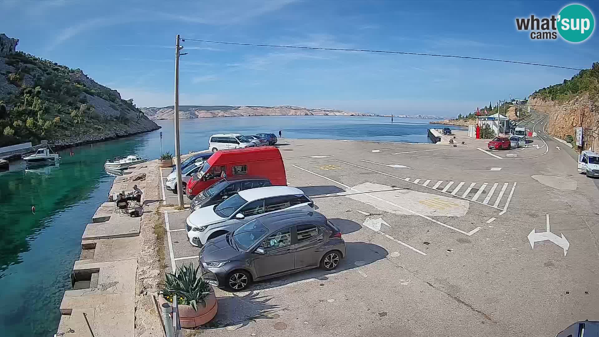 Spletna kamera trajektno pristanišče Prizna – proti otoku Pag