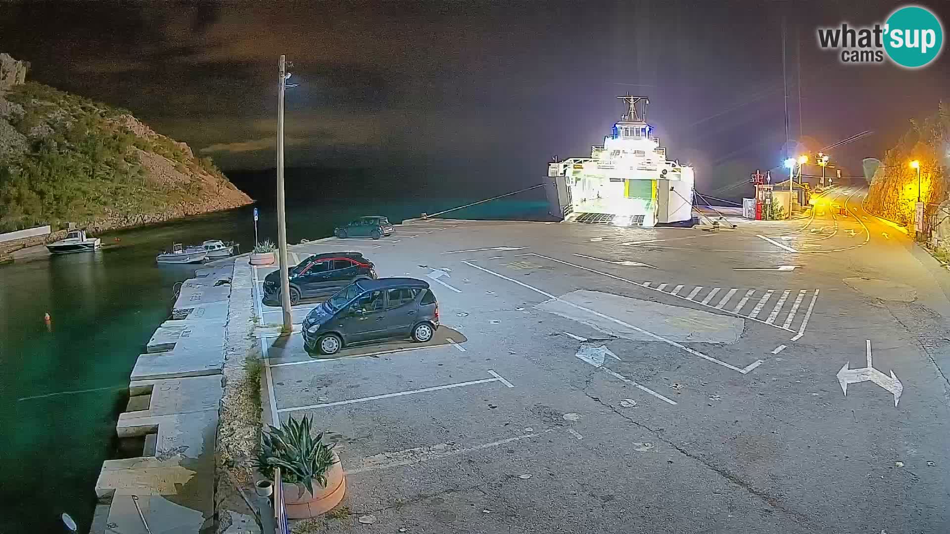 Spletna kamera trajektno pristanišče Prizna – proti otoku Pag