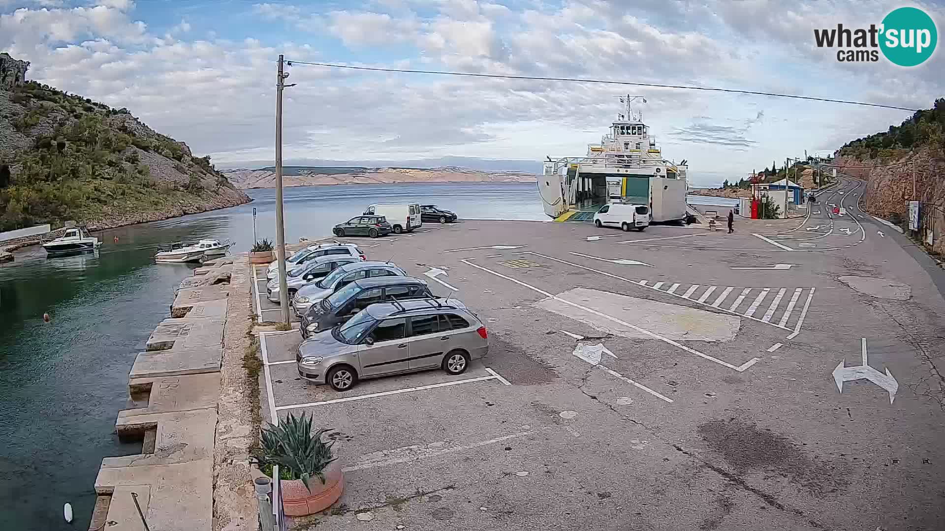 Spletna kamera trajektno pristanišče Prizna – proti otoku Pag