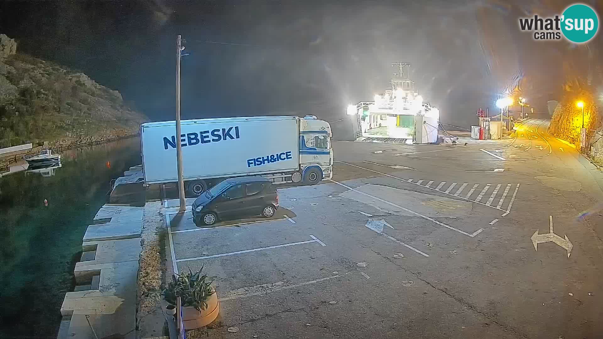 Spletna kamera trajektno pristanišče Prizna – proti otoku Pag