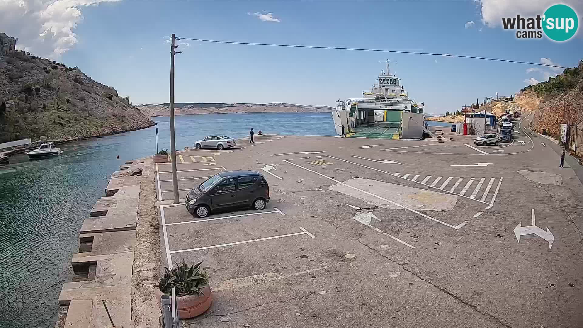 Spletna kamera trajektno pristanišče Prizna – proti otoku Pag