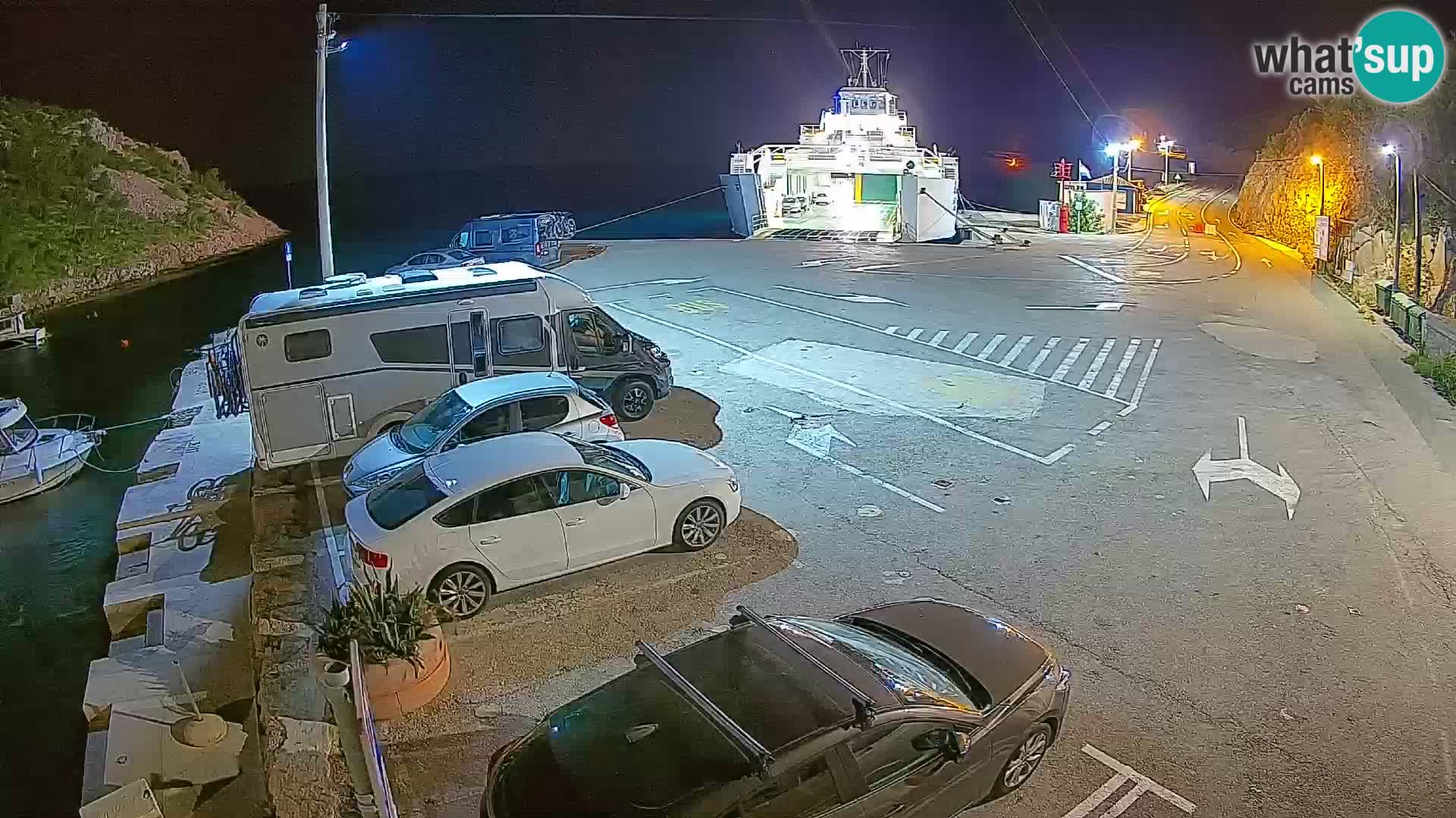 Spletna kamera trajektno pristanišče Prizna – proti otoku Pag