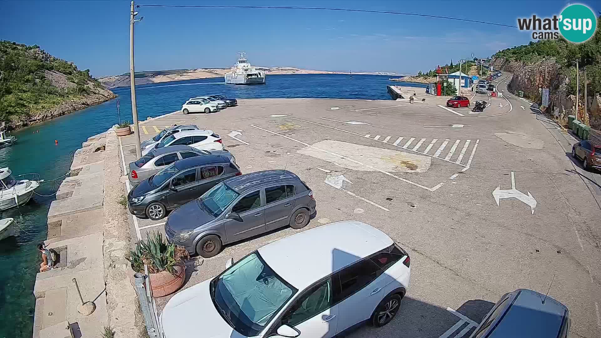 Spletna kamera trajektno pristanišče Prizna – proti otoku Pag