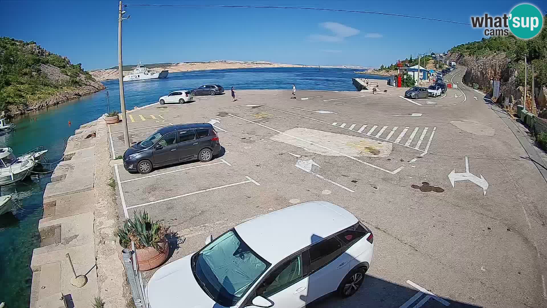 Spletna kamera trajektno pristanišče Prizna – proti otoku Pag