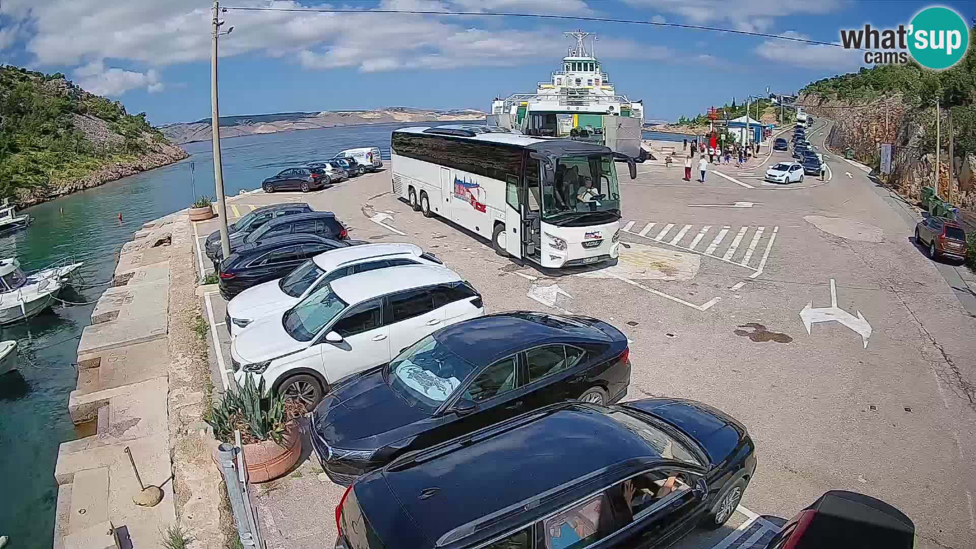 Spletna kamera trajektno pristanišče Prizna – proti otoku Pag