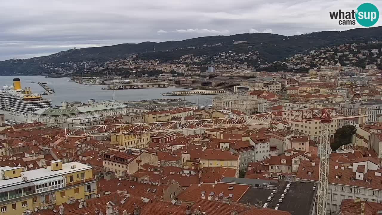 Spletna kamera v živo Trst – Panorama mesta, zaliva, pomorske postaje in gradu Miramar