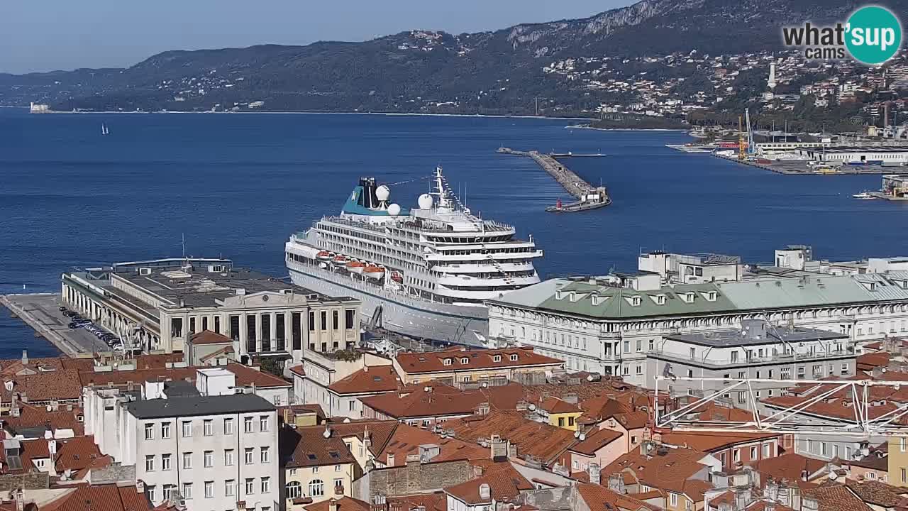 Web kamera Trst uživo – Panorama grada, zaljeva, pomorske postaje i dvorca Miramare