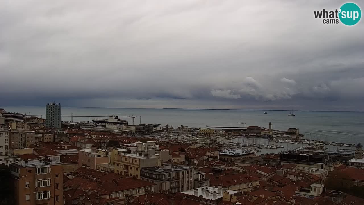 Spletna kamera v živo Trst – Panorama mesta, zaliva, pomorske postaje in gradu Miramar