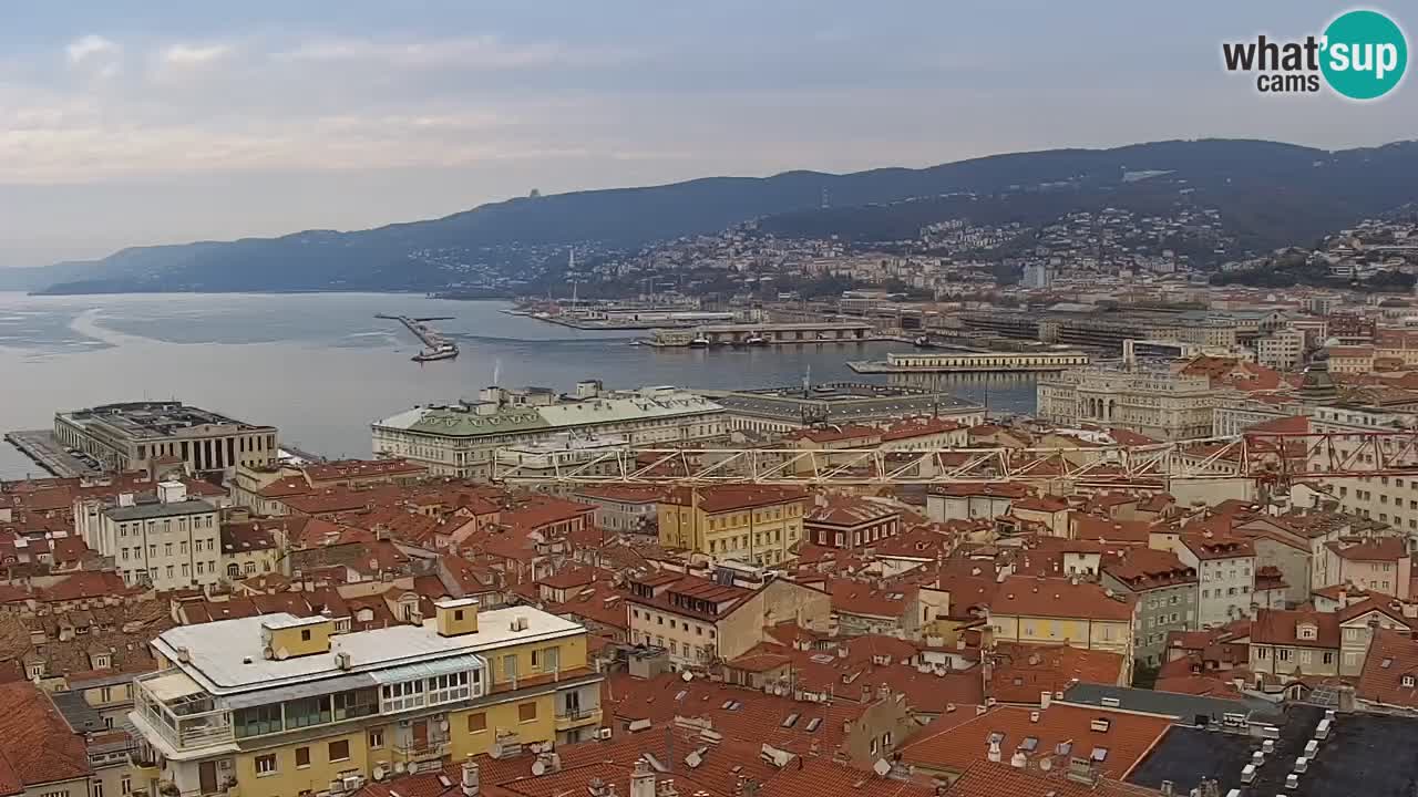 Spletna kamera v živo Trst – Panorama mesta, zaliva, pomorske postaje in gradu Miramar