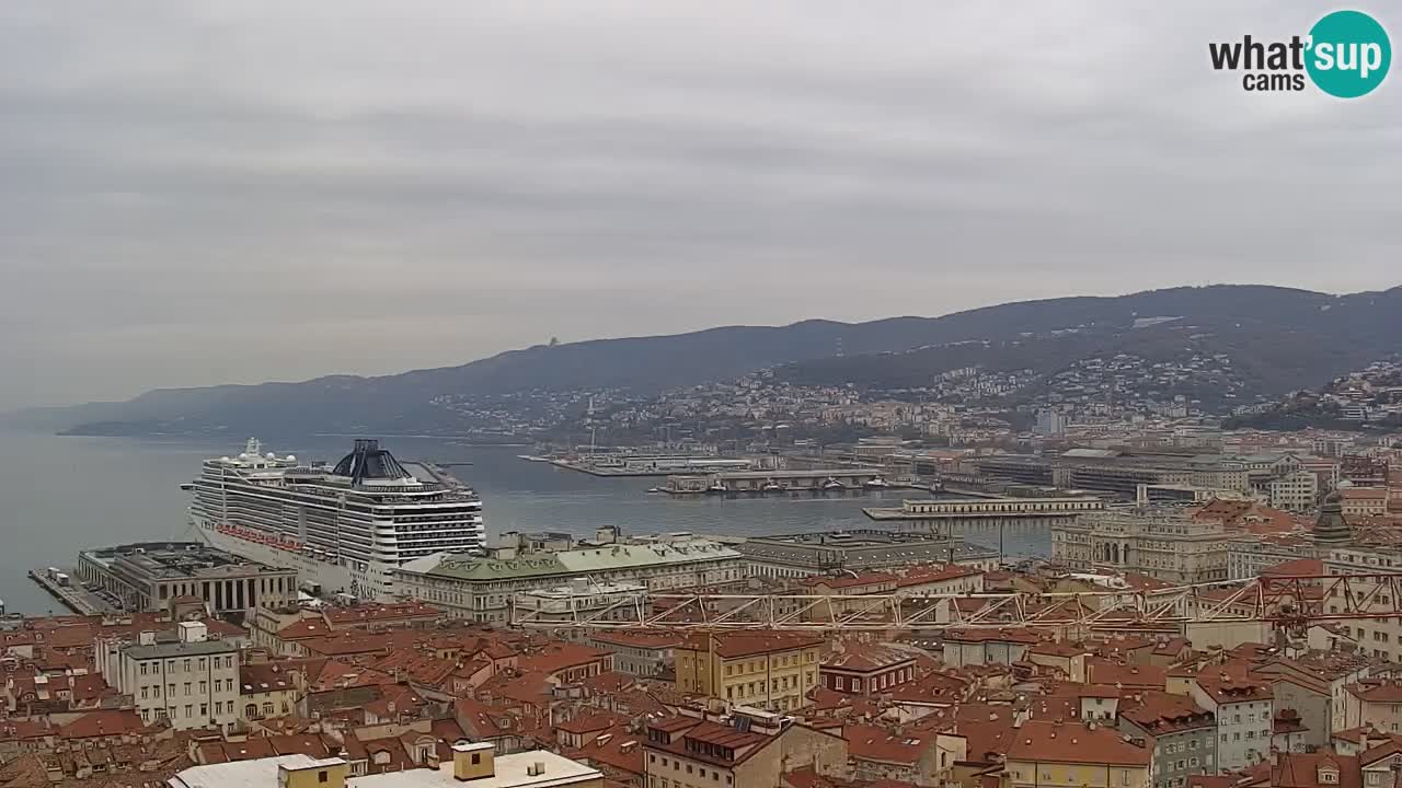 Spletna kamera v živo Trst – Panorama mesta, zaliva, pomorske postaje in gradu Miramar