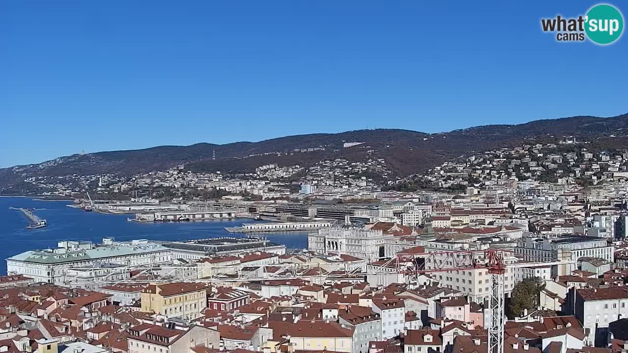 Spletna kamera v živo Trst – Panorama mesta, zaliva, pomorske postaje in gradu Miramar