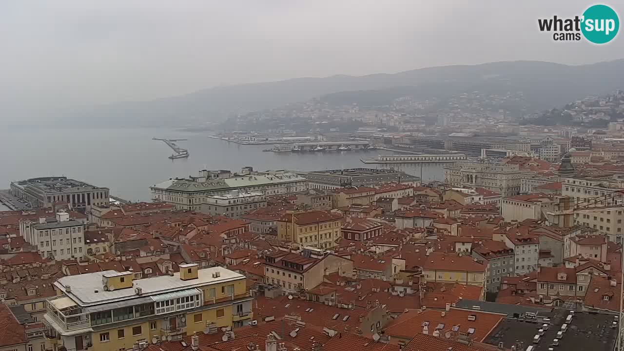 Spletna kamera v živo Trst – Panorama mesta, zaliva, pomorske postaje in gradu Miramar