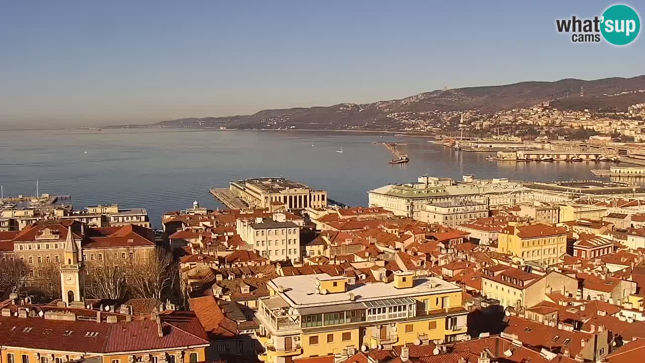 Spletna kamera v živo Trst – Panorama mesta, zaliva, pomorske postaje in gradu Miramar