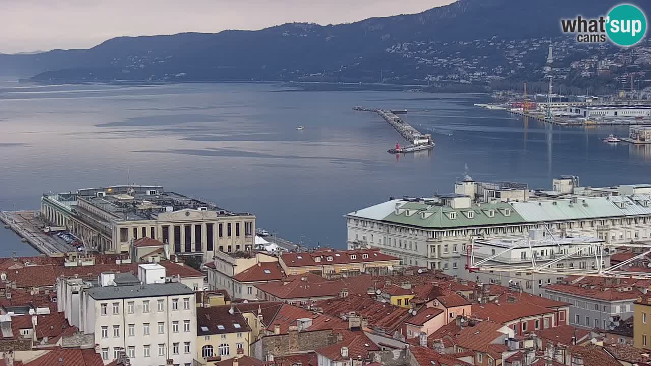 Spletna kamera v živo Trst – Panorama mesta, zaliva, pomorske postaje in gradu Miramar