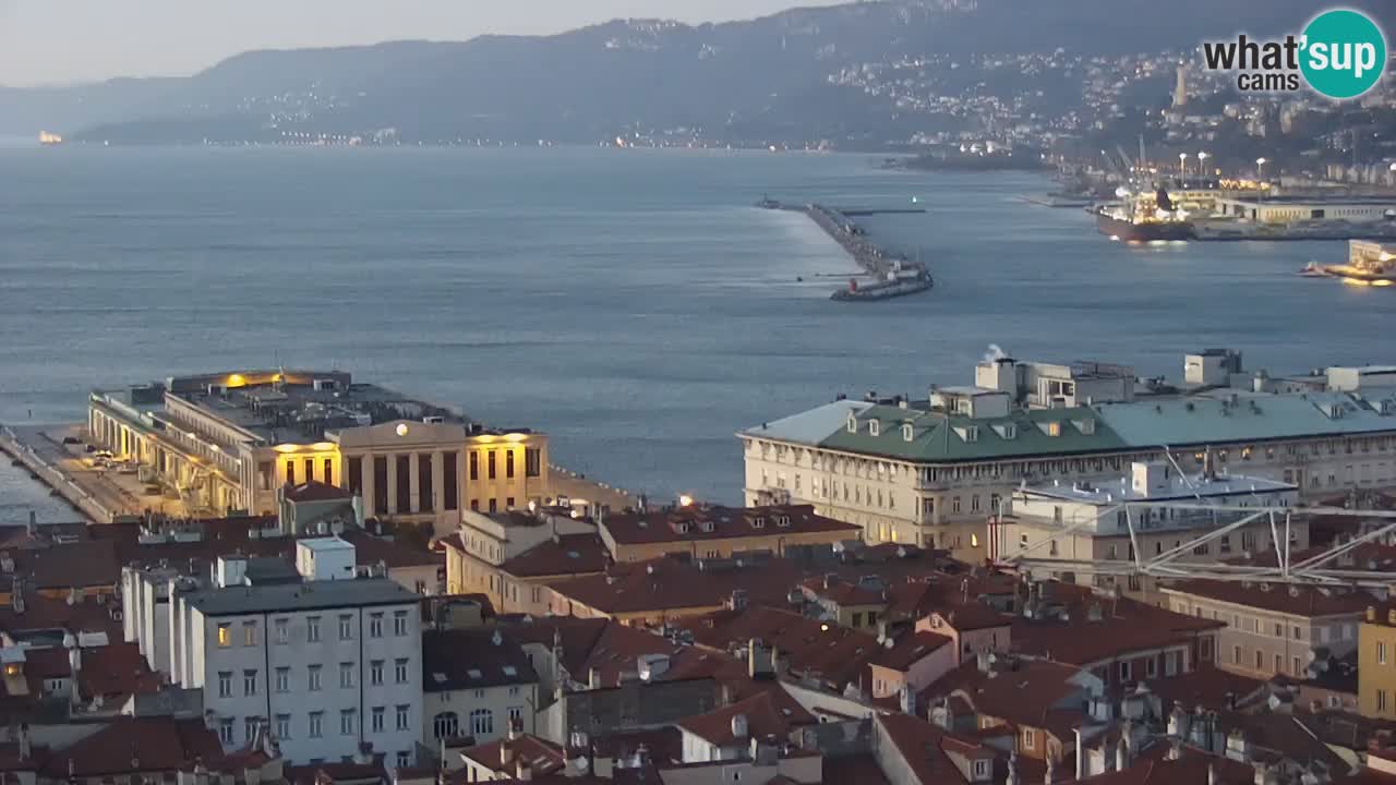 Spletna kamera v živo Trst – Panorama mesta, zaliva, pomorske postaje in gradu Miramar