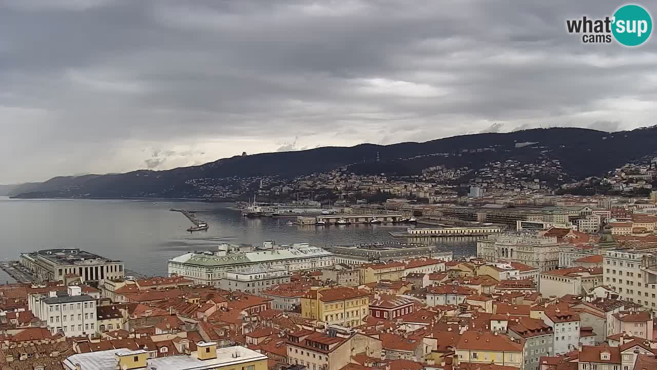 Spletna kamera v živo Trst – Panorama mesta, zaliva, pomorske postaje in gradu Miramar