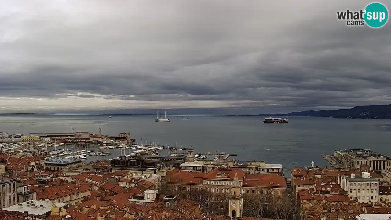 Spletna kamera v živo Trst – Panorama mesta, zaliva, pomorske postaje in gradu Miramar