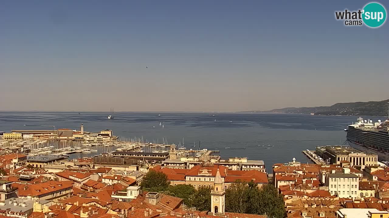 Web kamera Trst uživo – Panorama grada, zaljeva, pomorske postaje i dvorca Miramare