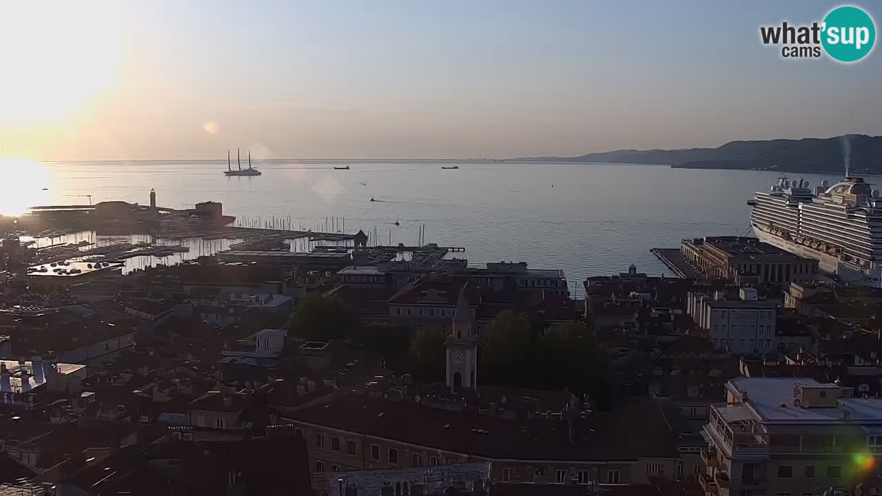 Spletna kamera v živo Trst – Panorama mesta, zaliva, pomorske postaje in gradu Miramar