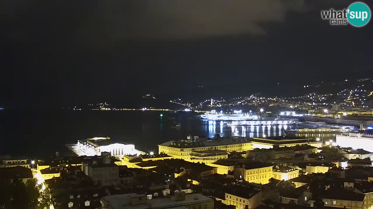 Spletna kamera v živo Trst – Panorama mesta, zaliva, pomorske postaje in gradu Miramar