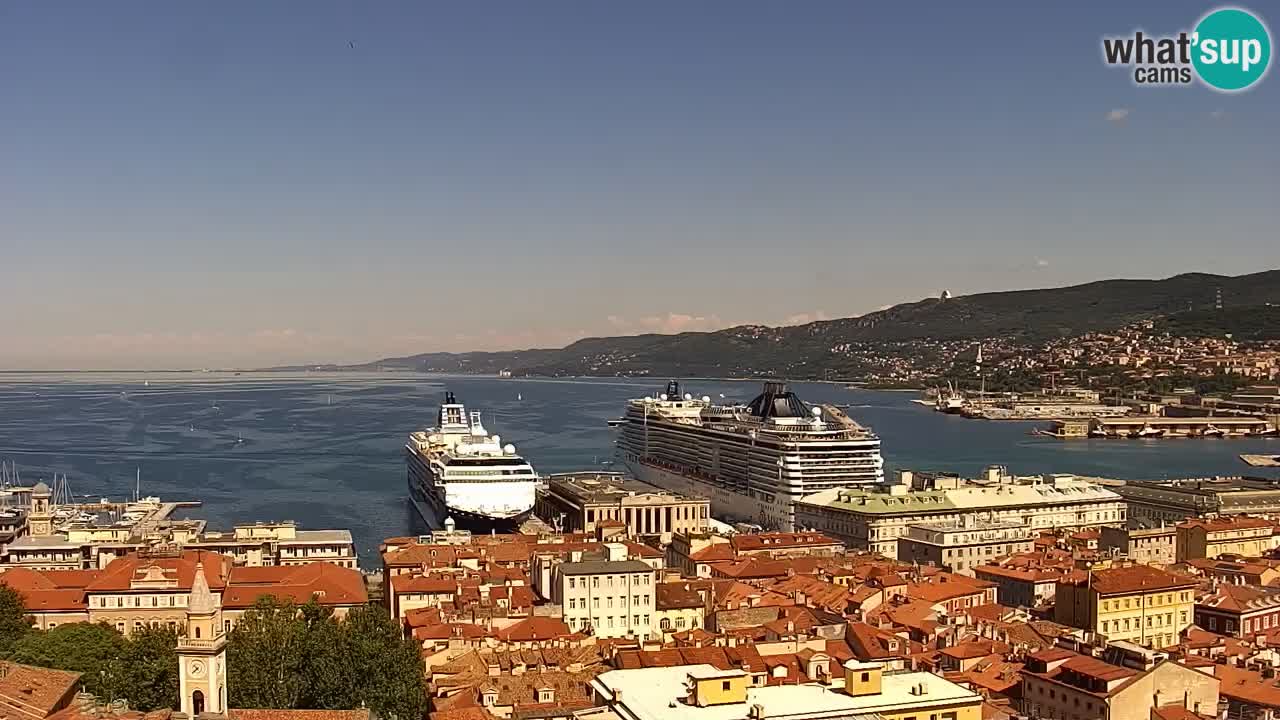 Web kamera Trst uživo – Panorama grada, zaljeva, pomorske postaje i dvorca Miramare