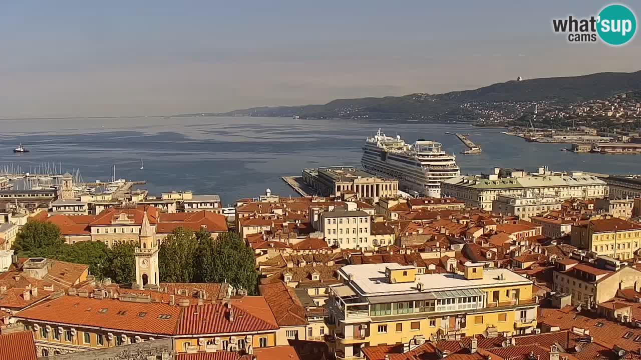 Spletna kamera v živo Trst – Panorama mesta, zaliva, pomorske postaje in gradu Miramar