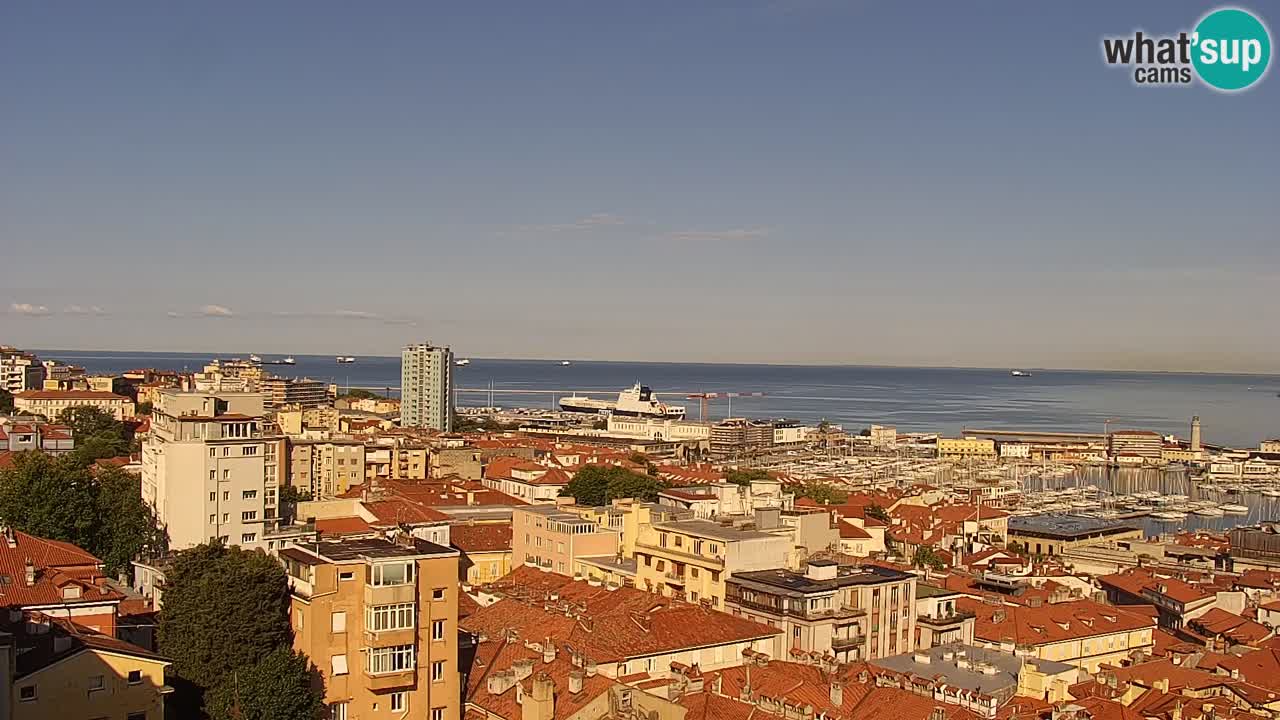 Web kamera Trst uživo – Panorama grada, zaljeva, pomorske postaje i dvorca Miramare