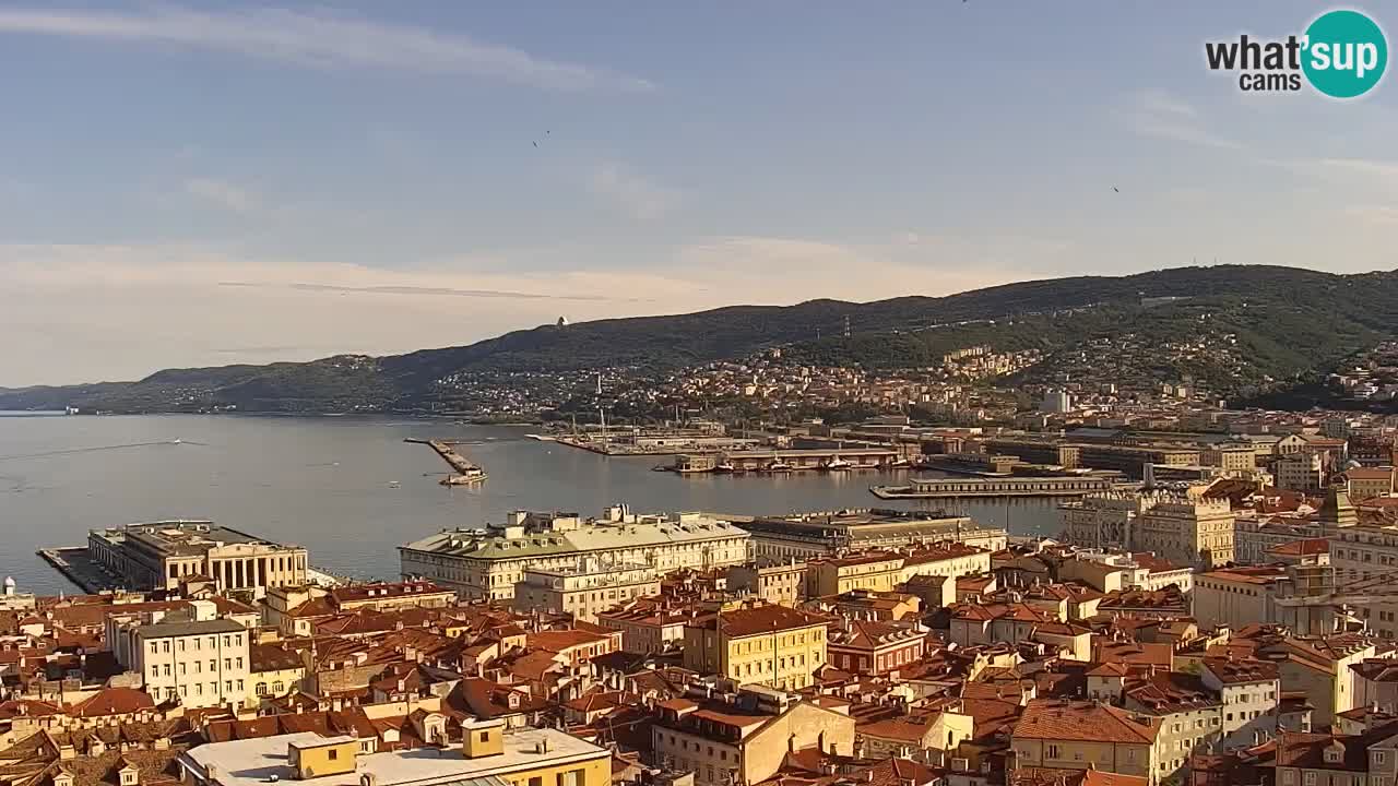 Spletna kamera v živo Trst – Panorama mesta, zaliva, pomorske postaje in gradu Miramar