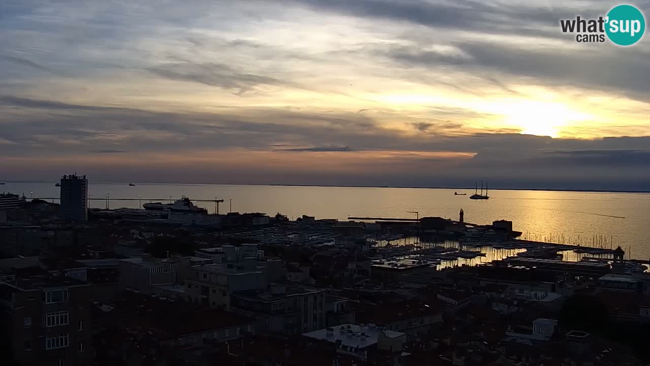 Spletna kamera v živo Trst – Panorama mesta, zaliva, pomorske postaje in gradu Miramar
