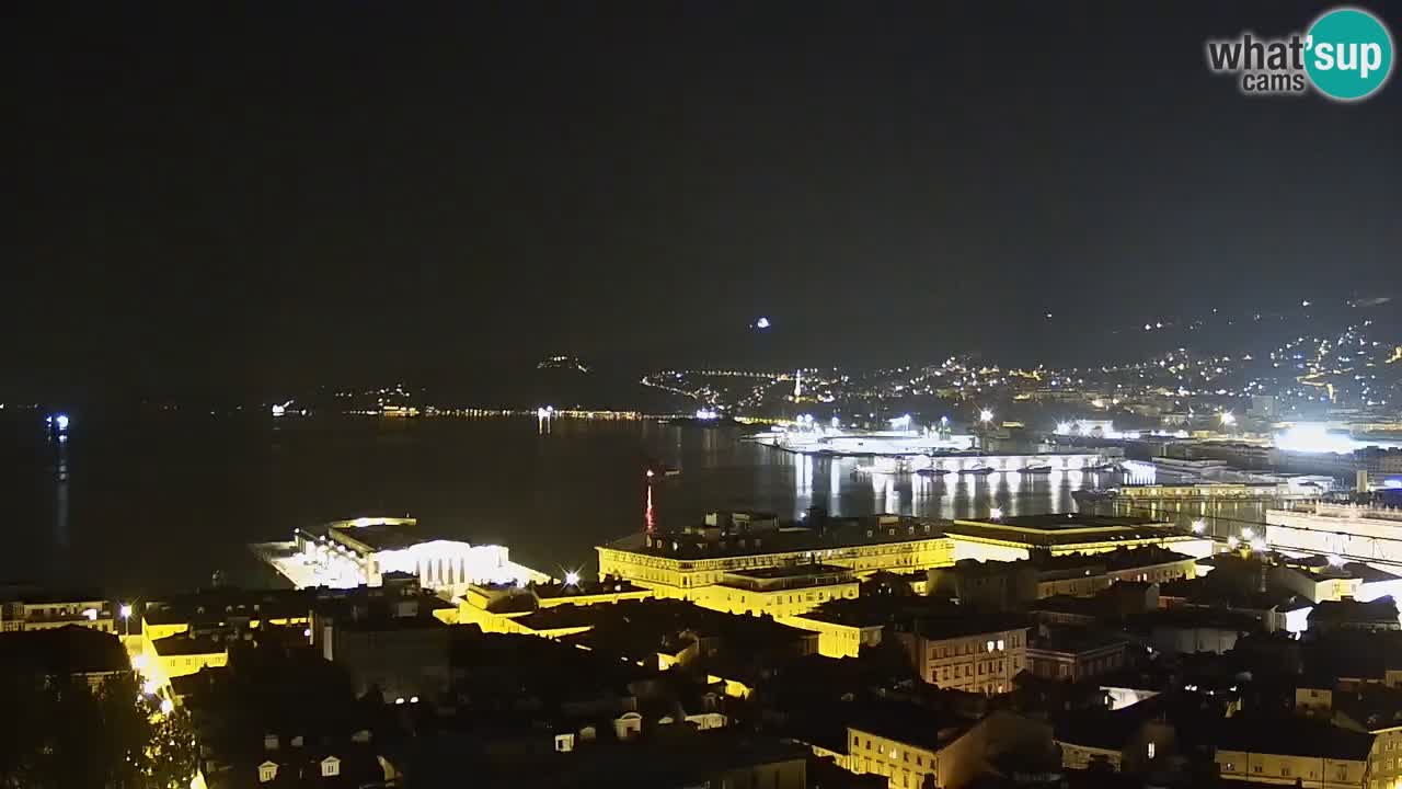 Spletna kamera v živo Trst – Panorama mesta, zaliva, pomorske postaje in gradu Miramar