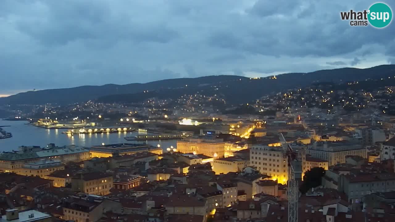 Spletna kamera v živo Trst – Panorama mesta, zaliva, pomorske postaje in gradu Miramar