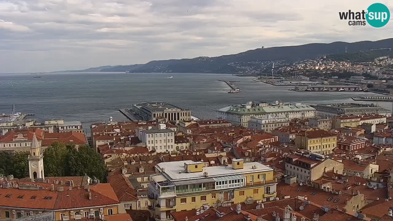 Spletna kamera v živo Trst – Panorama mesta, zaliva, pomorske postaje in gradu Miramar