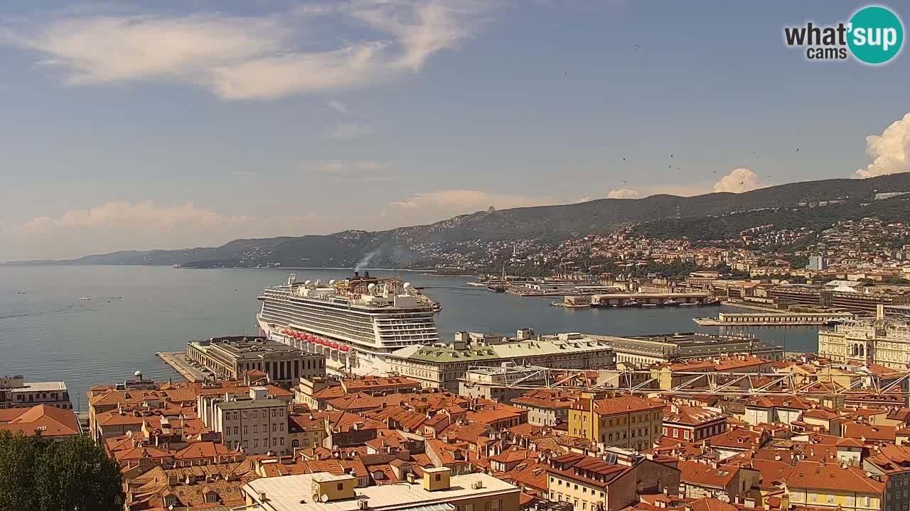 Spletna kamera v živo Trst – Panorama mesta, zaliva, pomorske postaje in gradu Miramar