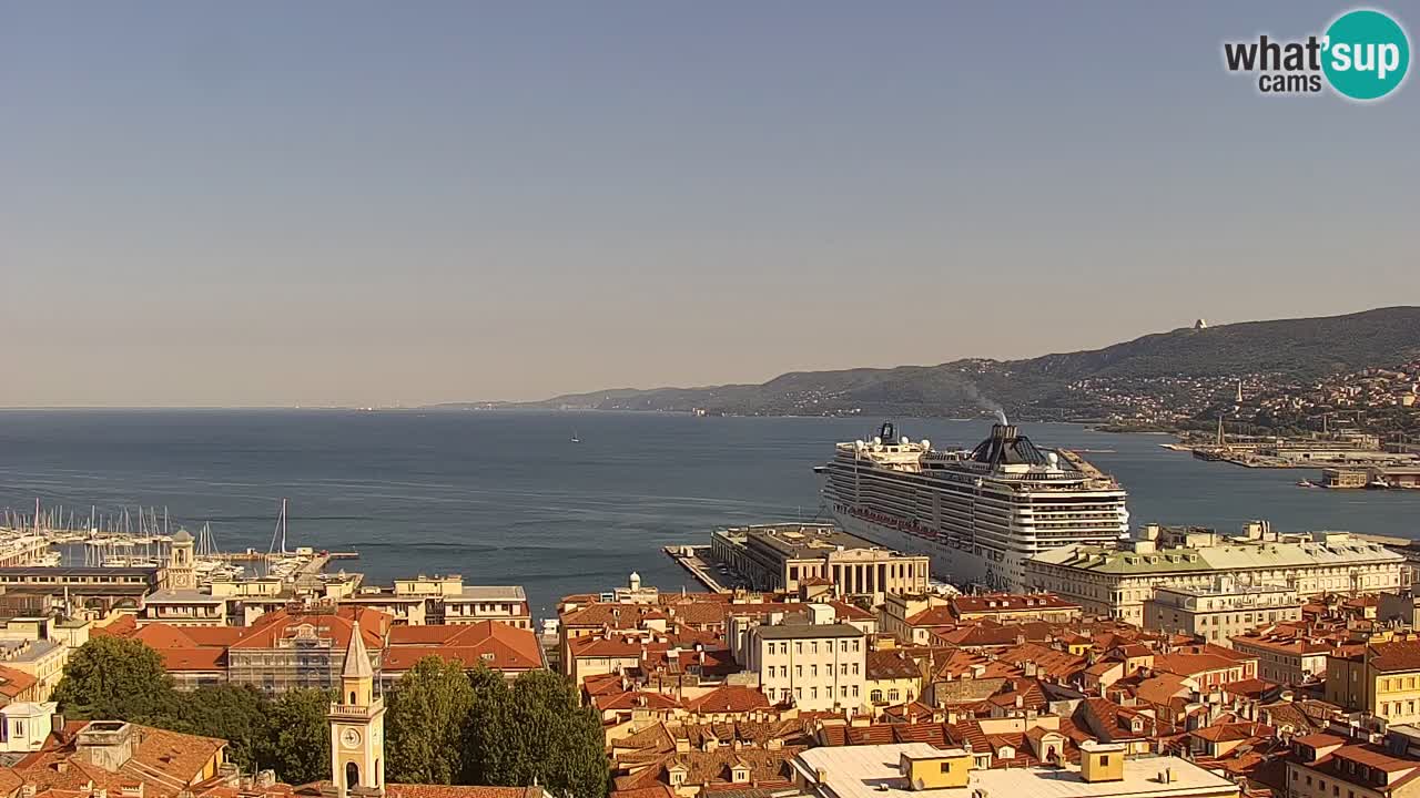Spletna kamera v živo Trst – Panorama mesta, zaliva, pomorske postaje in gradu Miramar
