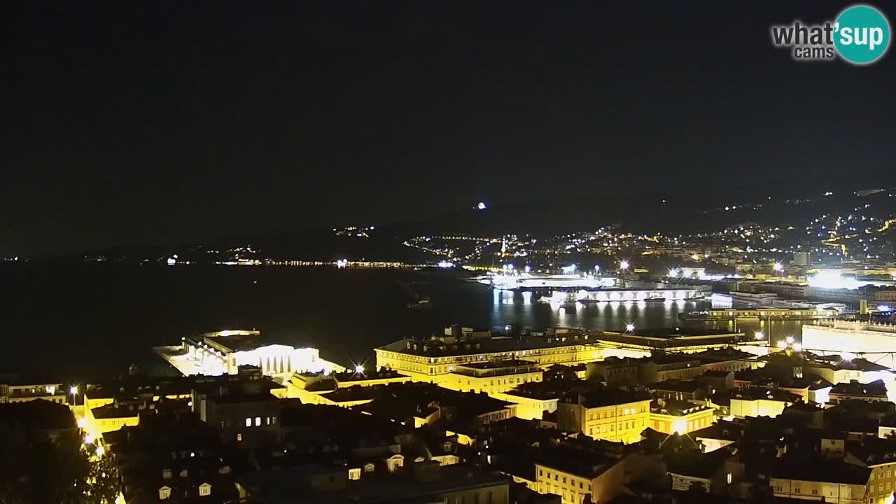 Web kamera Trst uživo – Panorama grada, zaljeva, pomorske postaje i dvorca Miramare