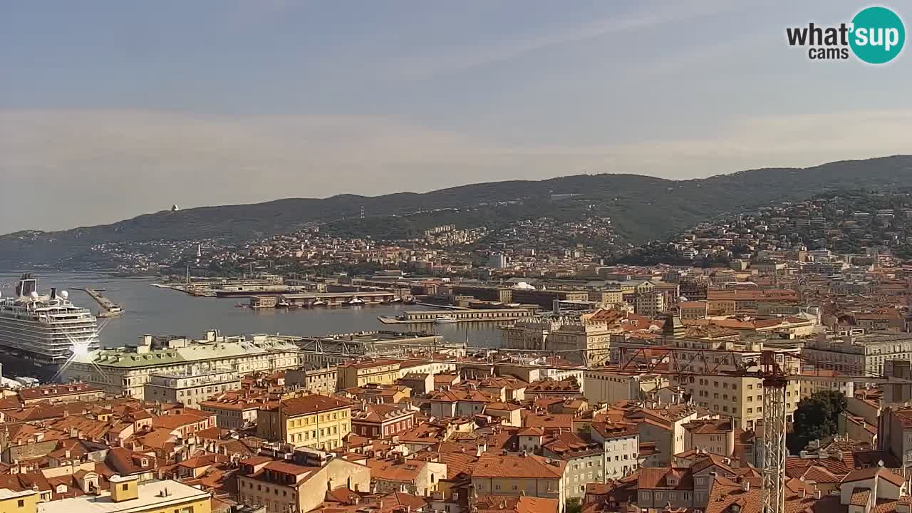 Spletna kamera v živo Trst – Panorama mesta, zaliva, pomorske postaje in gradu Miramar