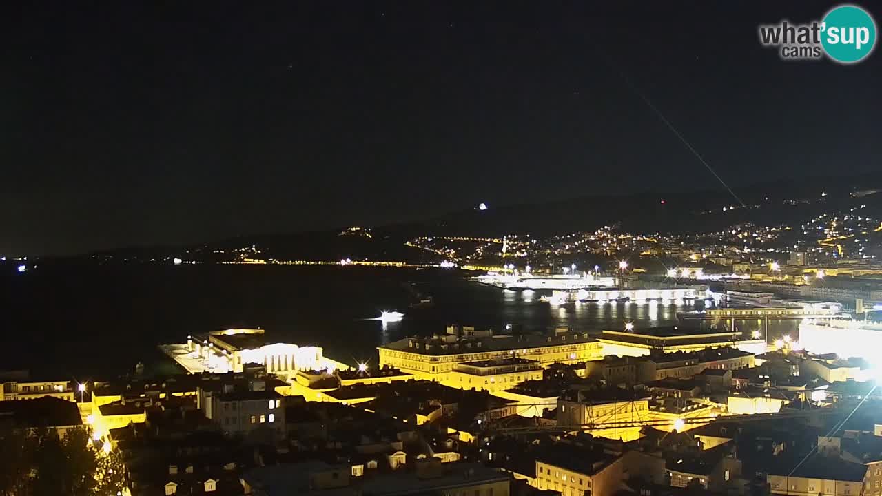 Spletna kamera v živo Trst – Panorama mesta, zaliva, pomorske postaje in gradu Miramar