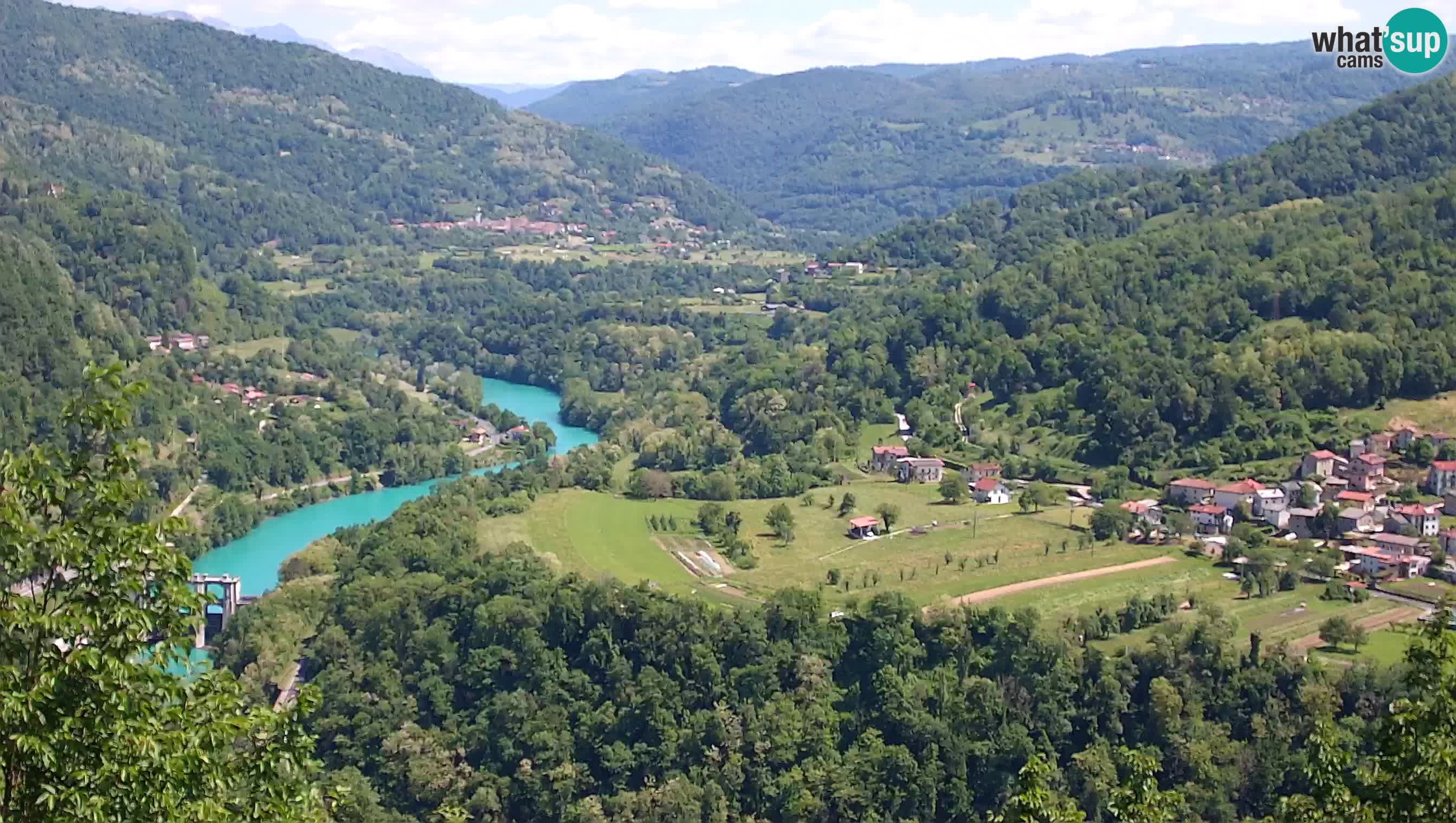 Web kamera Kanal ob Soči – Pogled na rijeku Soču, Ajbu, Bodrež i Ročinj