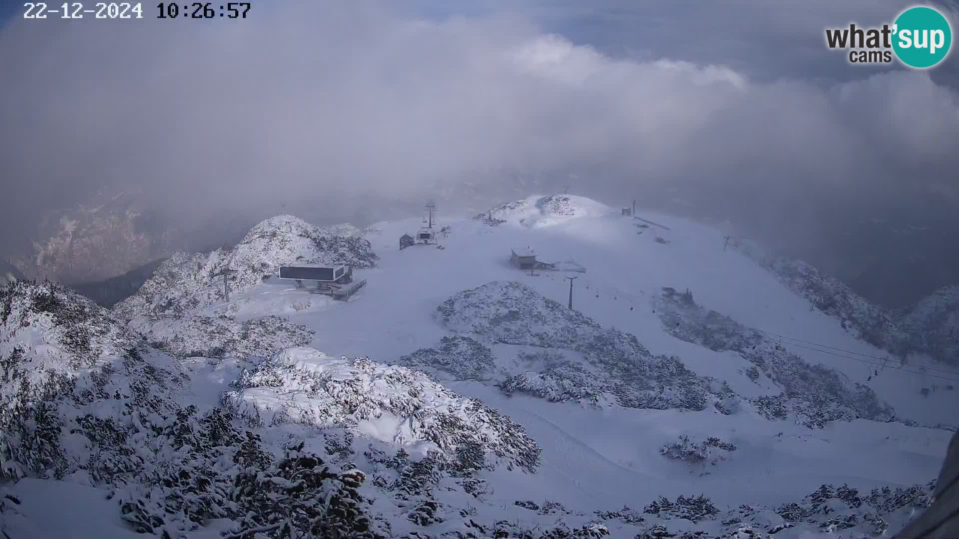 Vogel Ski Resort webcam View from Orlova Glava to Triglav