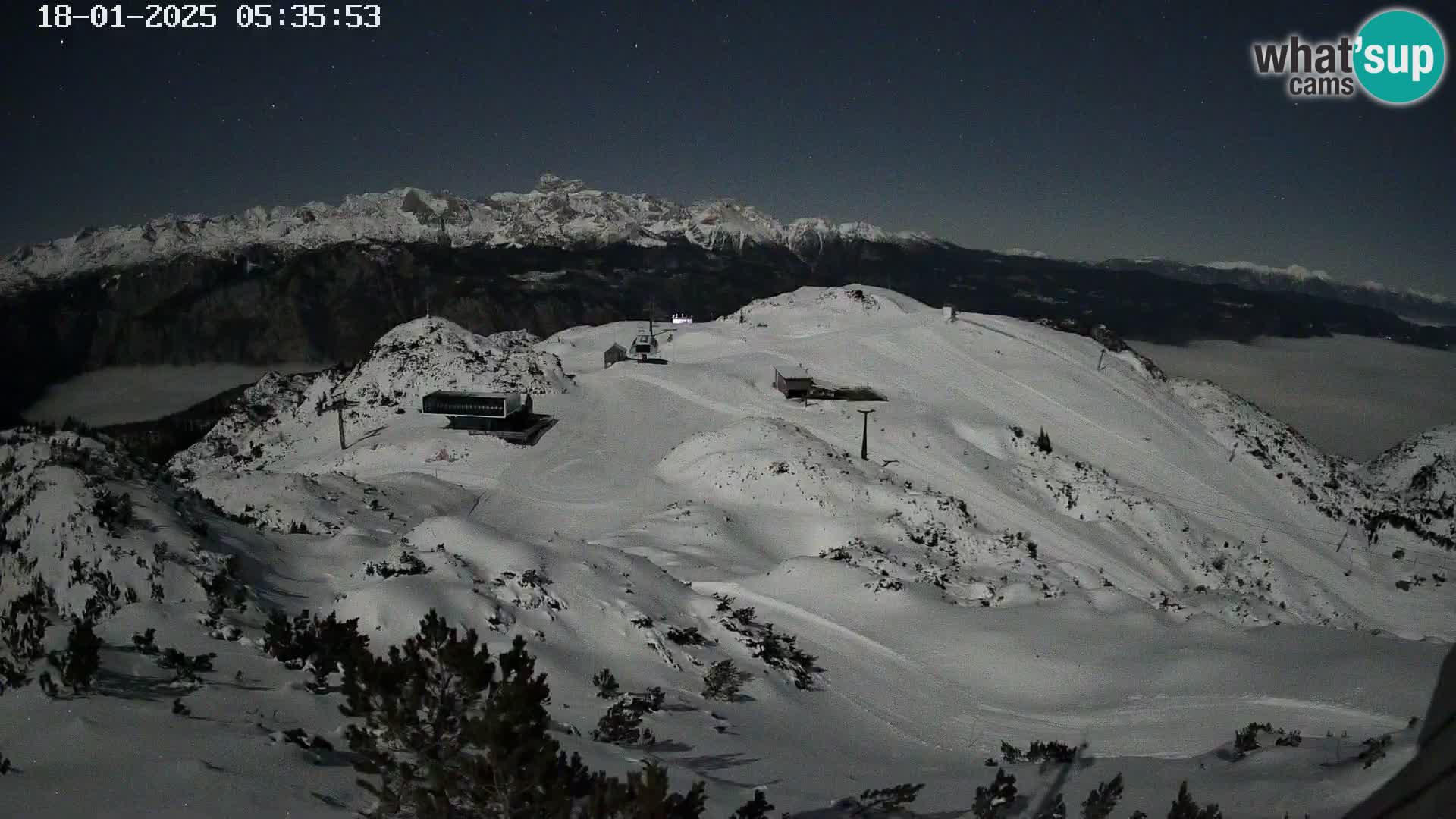 Vogel Ski Resort webcam View from Orlova Glava to Triglav