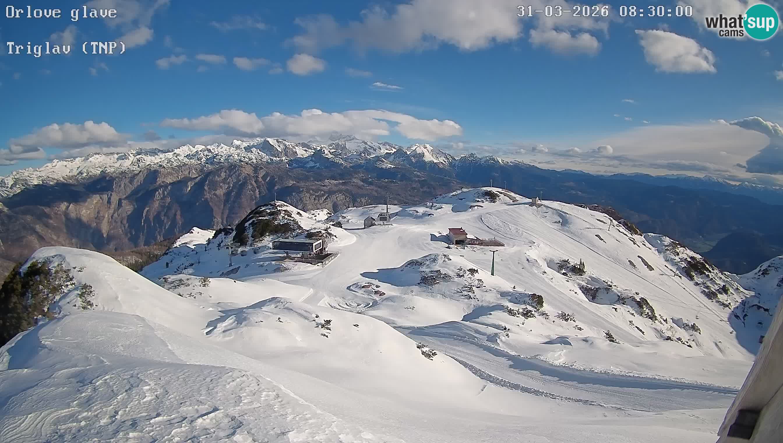 Vogel Ski Resort webcam View from Orlova Glava to Triglav
