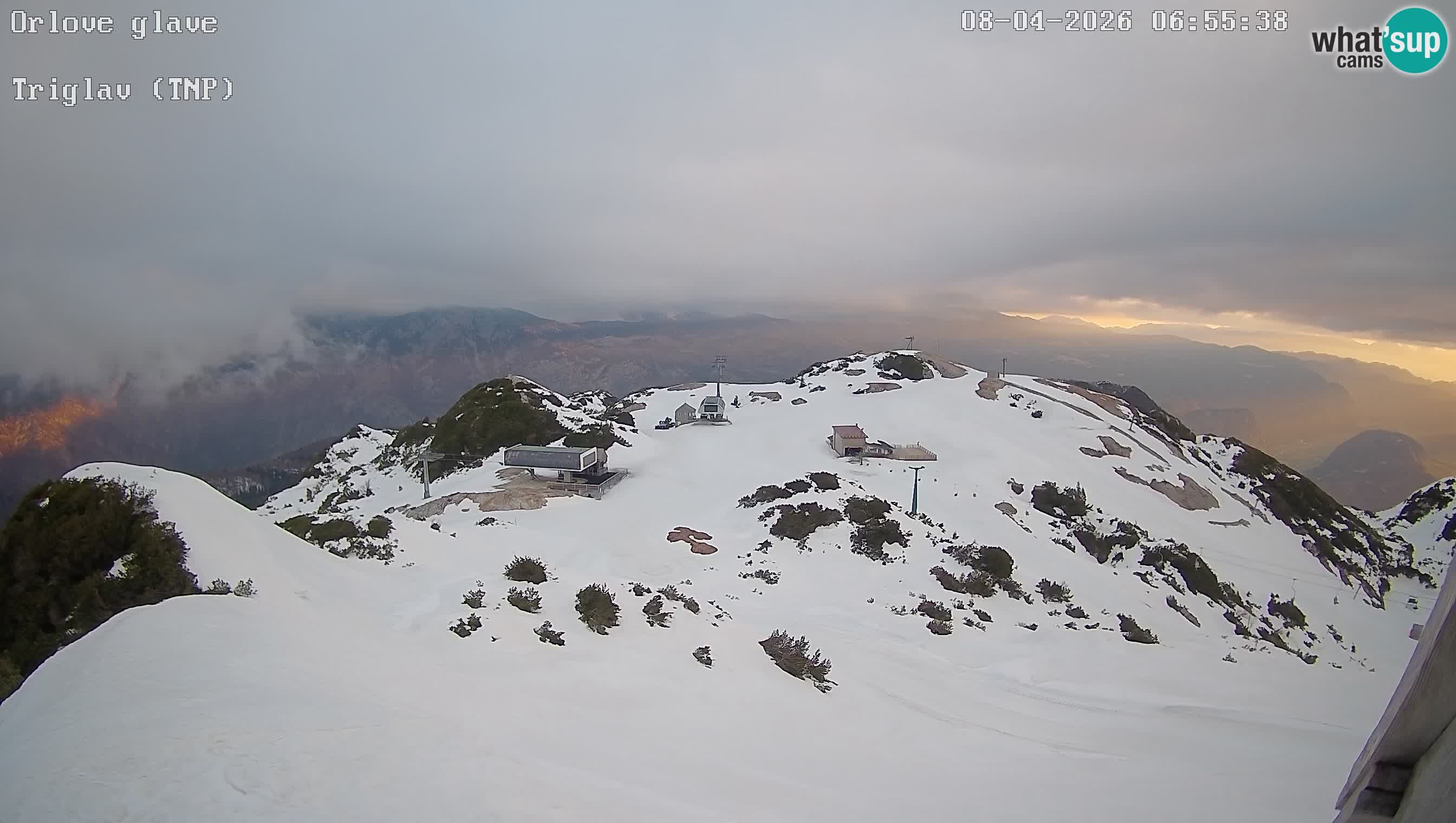 Vogel Ski Resort webcam View from Orlova Glava to Triglav
